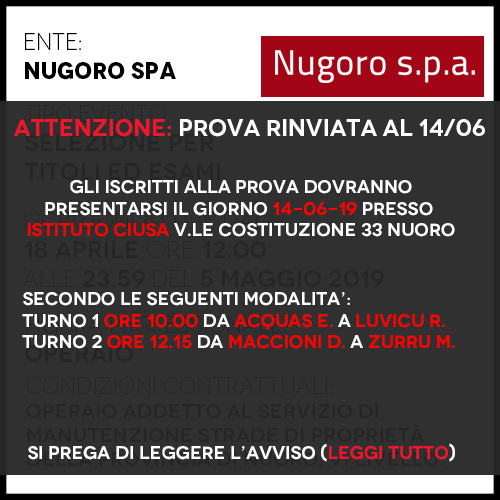 Nugoro Spa - Graduatoria assunzione 30 Operai VI Livello