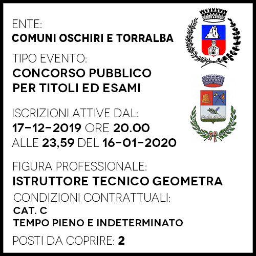 OTO643 - Comune Oschiri e Torralba - Istruttore Tecnico Geometra - 2 posti
