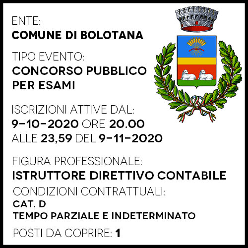BOL812 - Comune di Bolotana - Istruttore Direttivo Contabile - Cat D - 1 posto