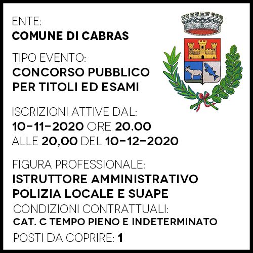 CBR931 - COMUNE DI CABRAS - ISTRUTTORE AMMINISTRATIVO CAT C - SUAPE E POLIZIA LOCALE - 1 POSTO