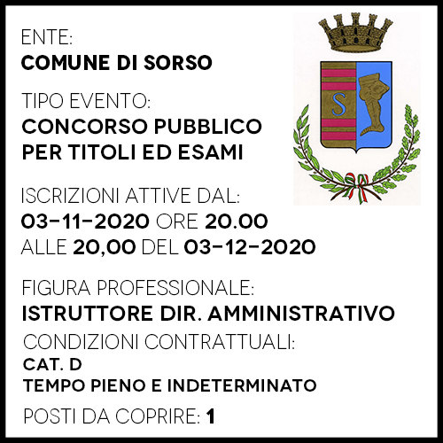 SRDA115 - COMUNE DI SORSO - ISTRUTTORE DIRETTIVO AMMINISTRATIVO - 1 POSTO