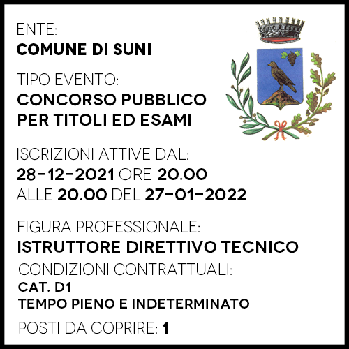 SUN856 - COMUNE DI SUNI - ISTRUTTORE DIRETTIVO TECNICO - 1 POSTO