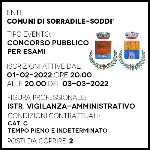 SOD944 - COMUNI DI SORRADILE-SODDI - ISTRUTTORE VIGILANZA-AMMINISTRATIVO - 2 POSTI