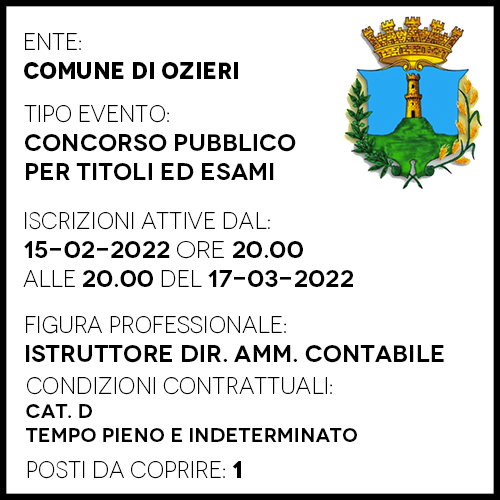 OZ154 - Comune di Ozieri - Concorso Pubblico Istruttore Direttivo Amministrativo-Contabile - 1 posto